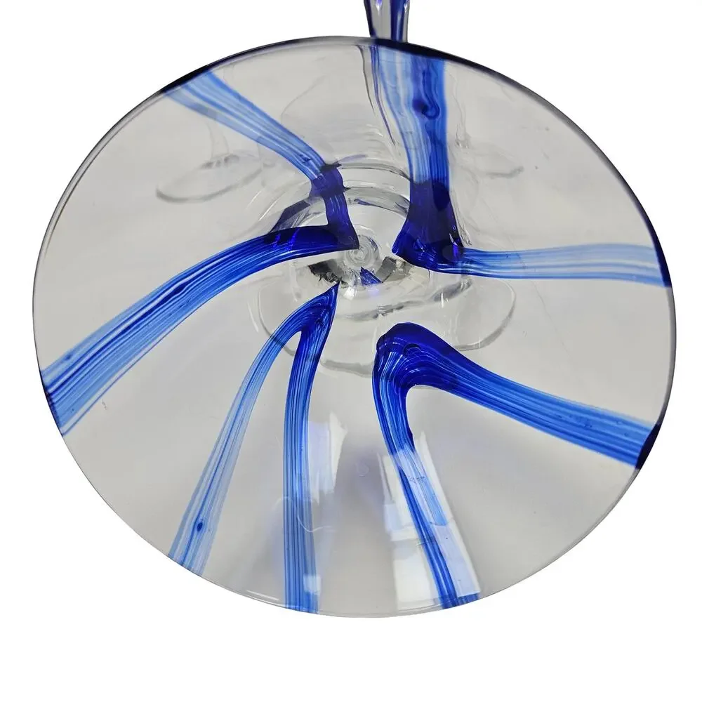Vintage Hand Blown Martini Glasses 7.5” Fanned Cobalt Blue Stripe Set of 4